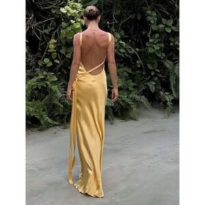 Commense Semi-Sheer Satin Asymmetrical One Shoulder Long‎ Dress Yellow size XL